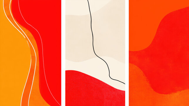 Minimal line three panel abstract wall art, red orange beige wavy shapes, modern background design for poster, banner, brochure layout