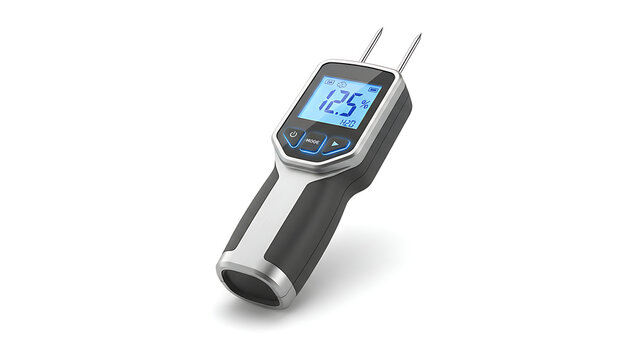 A modern digital moisture meter with two metal probes displays a 12.