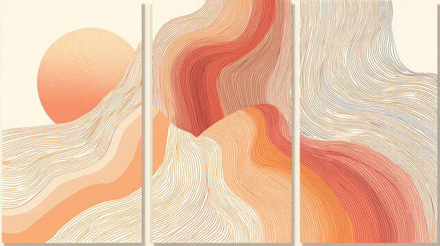 Abstract line art three panel minimal wavy line gradient orange beige modern calm, warm triptych wall decor with flowing contour lines and sun