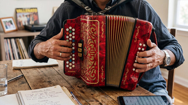 Musician playing a red diatonic button accordion on a wooden table with sheet music and lyrics / Acordeonista de vallenato  