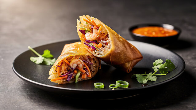 Crispy fried shrimp spring rolls with vegetable filling, asian food on dark plate