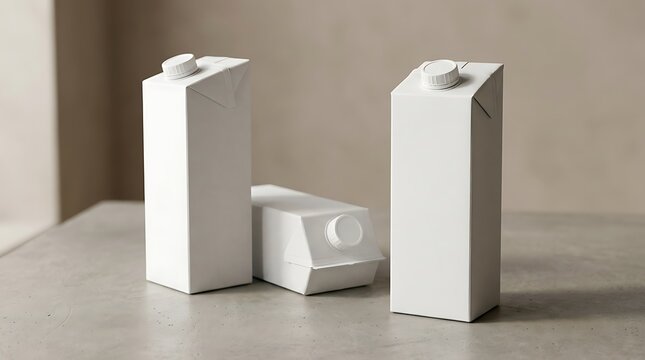 Three white blank milk carton boxes standing and lying on a smooth gray table for food brand design. juice box mockup
