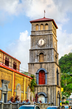 Clock tower of the historic Minor Basilica of the Immaculate Conception in Castries, Saint Lucia.