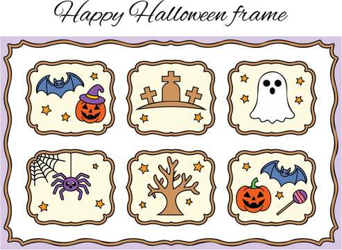 Set of decorative seasonal frames featuring spooky elements like ghosts pumpkins bats and graveyard tombstones for cards