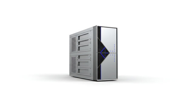 A modern silver and gray desktop computer tower with a blue accent design is isolated on a.