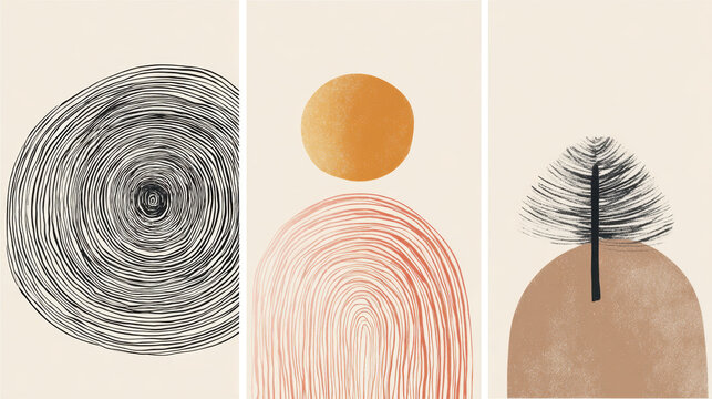 Minimal line three panel abstract art fingerprint circle boho