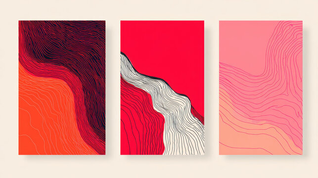Minimal line abstract three panel flat design wall art contour line modern poster red pink orange Minimal line abstract three panel flat design