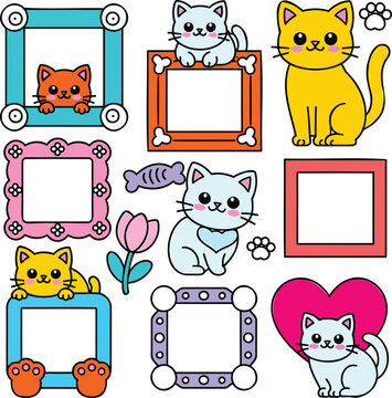 Collection of adorable cartoon cats with decorative frames for photos or text featuring paw prints and hearts
