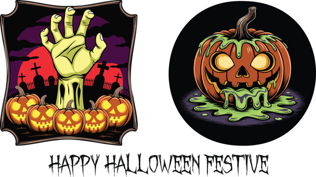 A green zombie hand rises from a dark graveyard next to a melting orange pumpkin