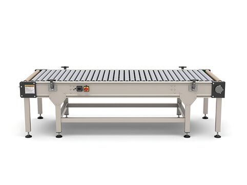 An empty industrial roller conveyor belt stands against a clean white background.