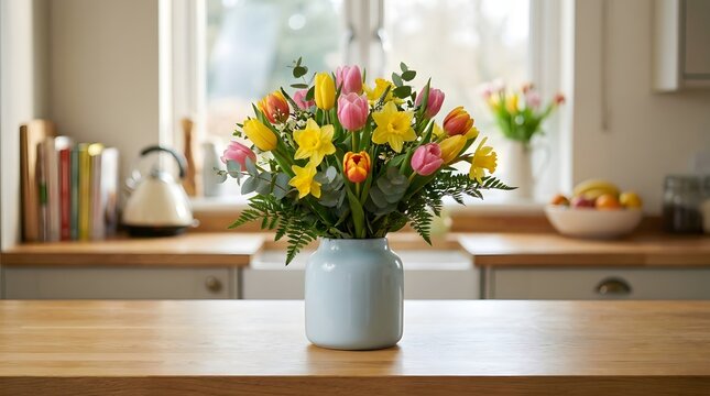 Bright bouquet of colorful spring flowers in a vase on a kitchen countertop near a window