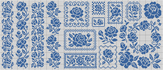Fototapeta premium Cross stitch flower pattern set with blue rose, decorative frame and floral border. Vintage handmade embroidery design inspired by traditional needlework and folk ornaments.