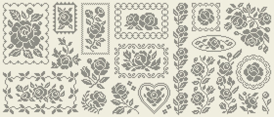 Obraz premium Cross stitch rose embroidery collection with vintage flower bouquets, floral frame and decorative border. Handmade pattern elements for traditional needlework and textile design.