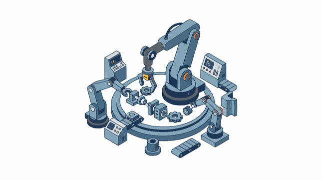 Isometric Industrial Robotic Arm Assembly Line Concept.
