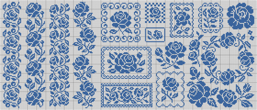 Cross stitch flower pattern set with blue rose, decorative frame and floral border. Vintage handmade embroidery design inspired by traditional needlework and folk ornaments.