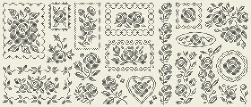 Cross stitch rose embroidery collection with vintage flower bouquets, floral frame and decorative border. Handmade pattern elements for traditional needlework and textile design.