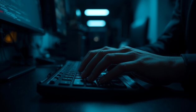 Close-up of a person's hands typing rapidly on a computer keyboard in a dimly lit room, illuminated by the blue light of a screen.