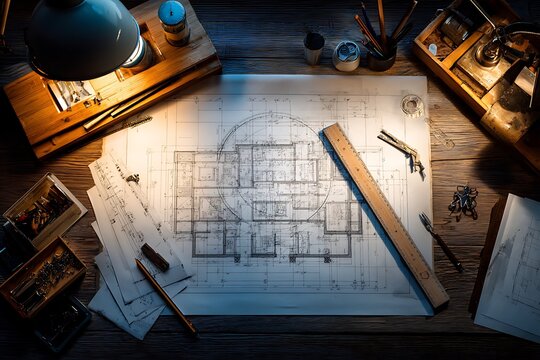 Architectural Blueprint on Vintage Wooden Desk with Drafting Tools