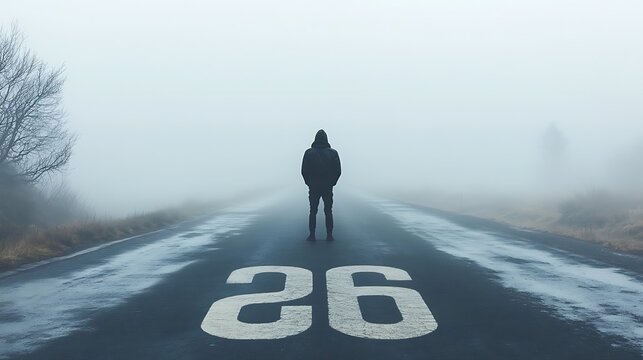 Man standing alone on empty asphalt road marked with number twenty six during cold foggy morning with low visibility