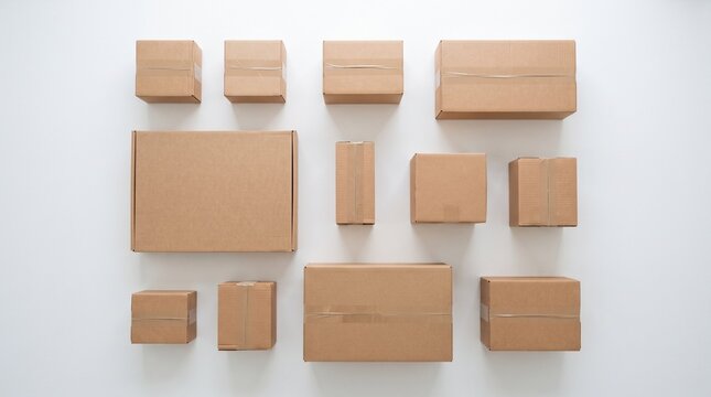 Multiple cardboard shipping boxes arranged neatly on a white surface for storage with background ready shipping collection various sized e commerce