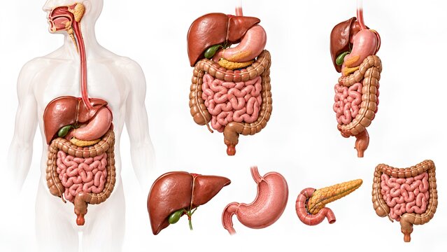 AI-generated ultra-realistic 3D human digestive system anatomical model with frontal, lateral, and isolated organ views, realistic textures, soft studio lighting, and clean background.