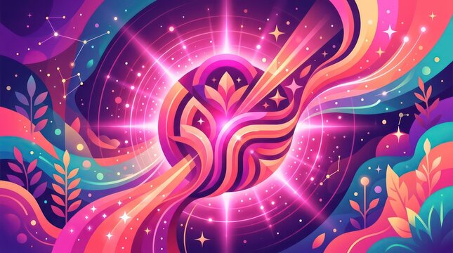 Vibrant psychedelic cosmic background with glowing waves mystical floral ornaments and stars for fantasy spiritual and meditation art