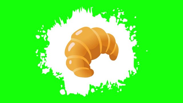Croissant on animated white brush paint template icon, pastry sign and food symbol. Colorful cartoon vector animation, motion graphic video footage. Isolated green screen background