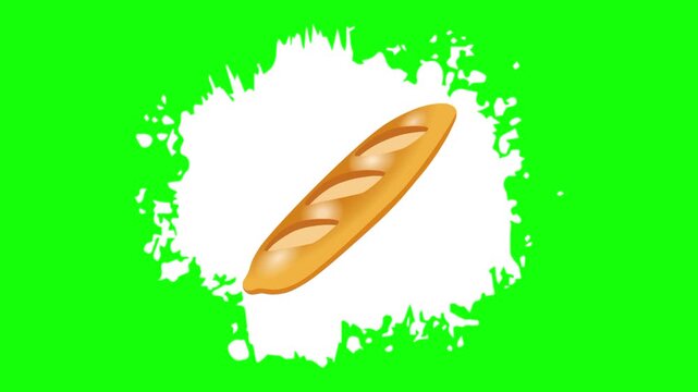 baguette bread on animated white brush paint template icon, sourdough pastry sign and food symbol. Colorful cartoon vector animation, motion graphic video footage. Isolated green screen background