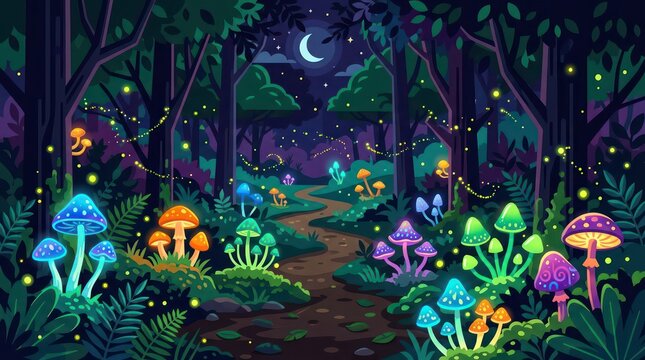 Enchanted night forest with glowing bioluminescent mushrooms and magical fireflies along a winding path under a crescent moon in flat style