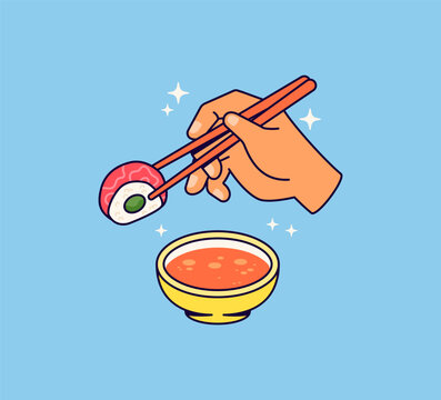 Japanese food illustration featuring sushi, chopsticks, a hand, and a bowl of miso soup. Perfect for restaurant, food, and asian cuisine designs vector catoon style