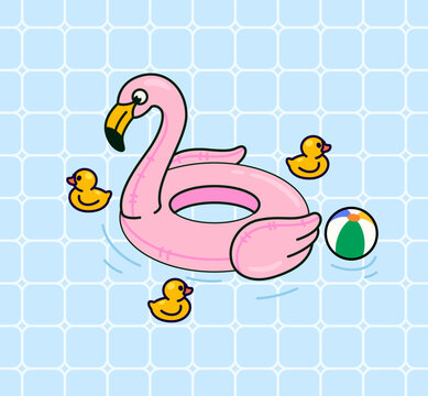 Pink flamingo pool float surrounded by yellow rubber ducks and a colorful beach ball. summer swimming pool concept with blue tile background. vector illustration