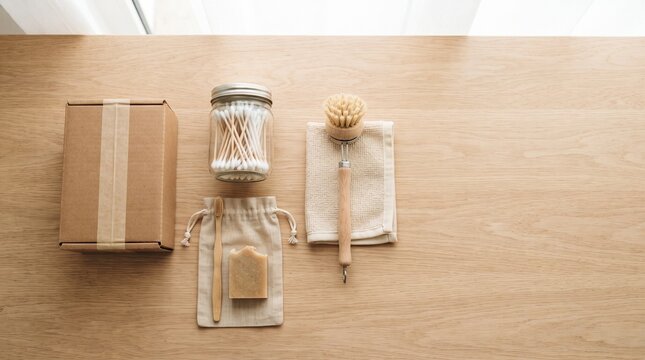 Set of eco friendly cleaning products and accessories arranged on a wooden surface for sustainable household use with supplies with cotton swabs soap