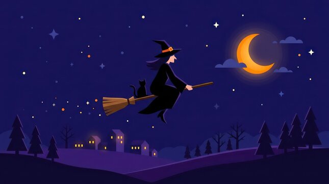 Halloween witch flying on a broomstick with a black cat over a village at night under a crescent moon and starry sky flat illustration