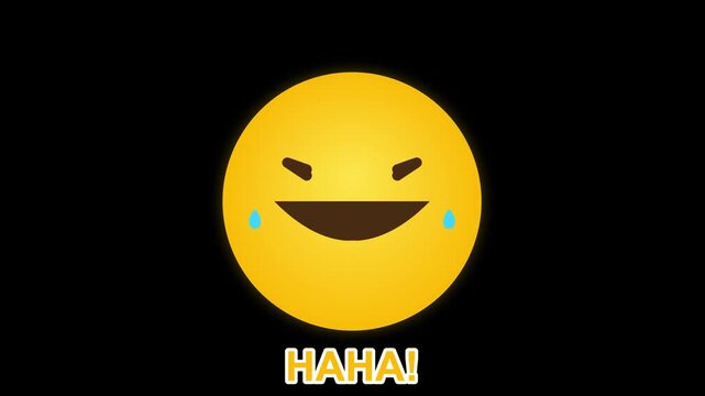 Yellow Laughing Emoji with Tears and Haha Text on Black Background.