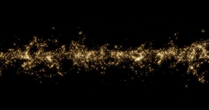 Glittering gold particle trails flying from center in black background. Sparkling light streaks glow dust effect. 4K 3D rendering loop animation.