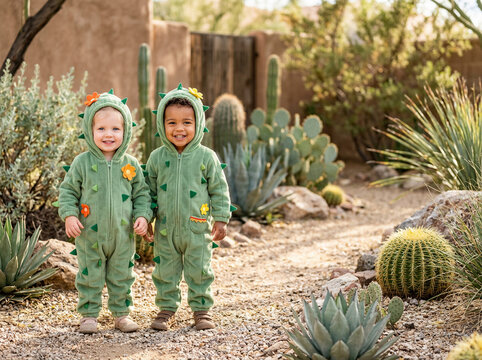Two adorable smiling toddlers wearing green cactus halloween costume outfits standing together in a beautiful desert garden with real cacti plants and gravel path during a sunny day.
