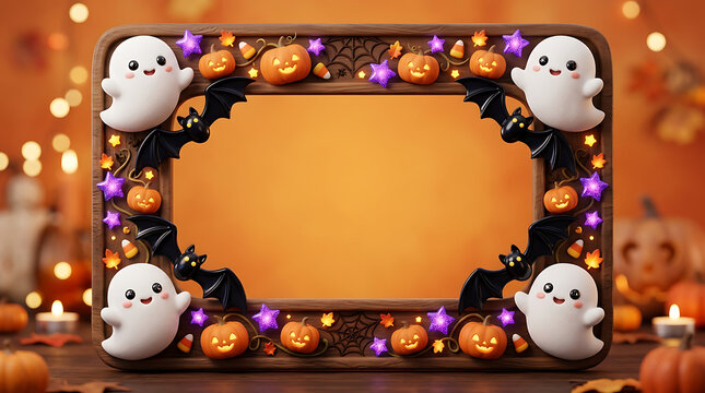 Cute Halloween ghost frame with pumpkins and bats during warm bokeh lights