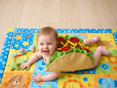 Adorable happy baby wearing a funny taco halloween costume while lying on a colorful play mat during tummy time looking at the camera with a cheerful smile and laughing very happily.