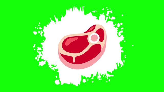 red beef meat on animated white brush paint template icon, protein sign, food symbol. Colorful cartoon vector animation, motion graphic video footage. Isolated green screen background