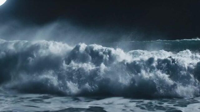 Raging Ocean Storm: A powerful wave crashes ashore under a dark, stormy sky, showcasing the untamed force of nature's fury and the vastness of the sea.