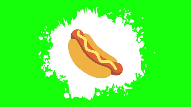 hotdog on animated white brush paint template icon, meal sign, food symbol. Colorful cartoon vector animation, motion graphic video footage. Isolated green screen background