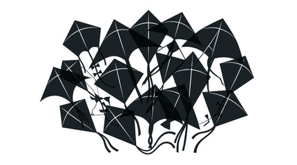 Obraz premium Black Silhouette Cluster of Flying Kites on White Background