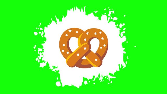 A pretzel, Bavarian German biscuit. Popular homemade bread in Europe. Food icon sign symbols. Colorful Vector animation, motion graphic video footage. Isolated green screen background.