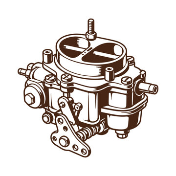 Vintage automotive carburetor illustration showing mechanical engine parts in a detailed hand drawn sketch style.