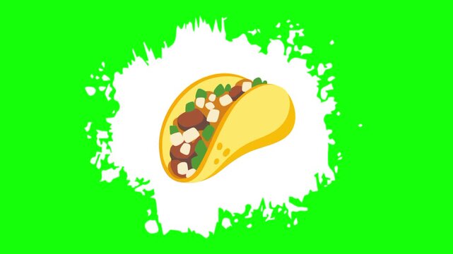 Taco, tacos on animated white brush paint template icon, meal sign, food symbol. Colorful cartoon vector animation, motion graphic video footage. Isolated green screen background