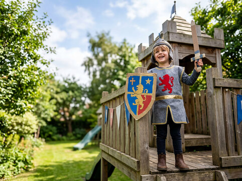 A happy young boy wearing a medieval knight halloween costume stands proudly on a wooden play castle in a sunny backyard garden holding a toy sword and shield during a playful afternoon.