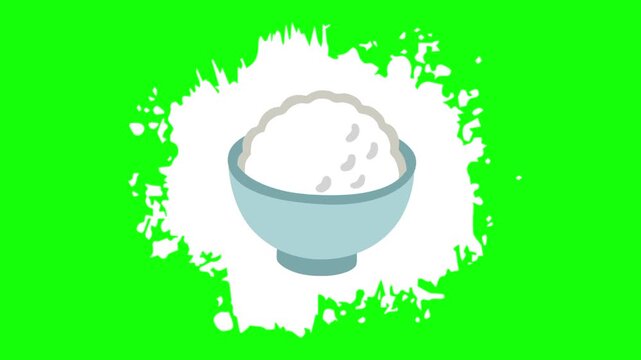 cooked rice in a bowl on animated white brush paint template icon, meal sign, food symbol. Colorful cartoon vector animation, motion graphic video footage. Isolated green screen background