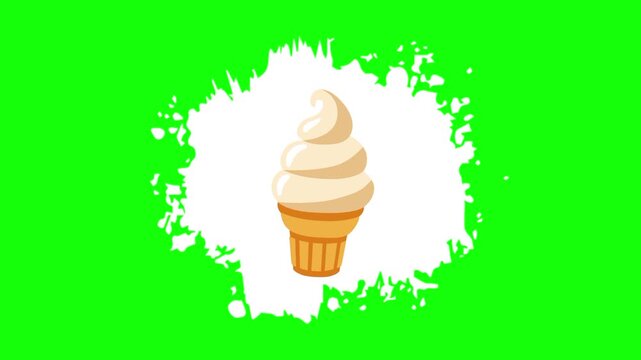 Vanilla and milk ice cream cone, gelato on animated white brush paint template icon, meal sign, food symbol. Colorful cartoon vector animation, motion graphic video footage. Isolated green screen 