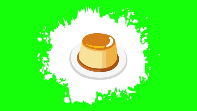 creamy chocolate pudding on plate with animated white brush paint template icon, meal sign, food symbol. Colorful cartoon vector animation, motion graphic video footage. Isolated green screen 
