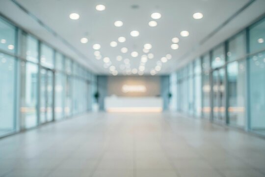 Blurred view of a modern office lobby with glass walls and bright ceiling lights